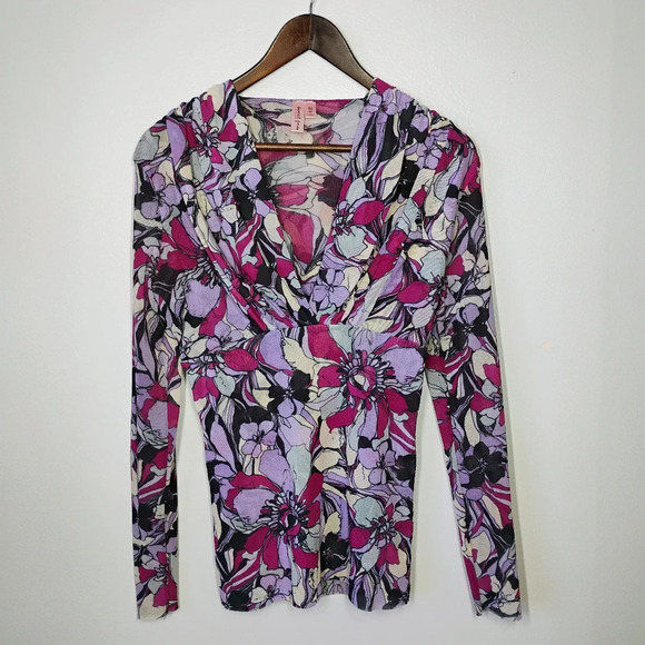 Sweet Pea Tops - SOLD Sweet Pea Floral Mesh Long Sheer Sleeve Babydoll Top Purple Y2K Medium